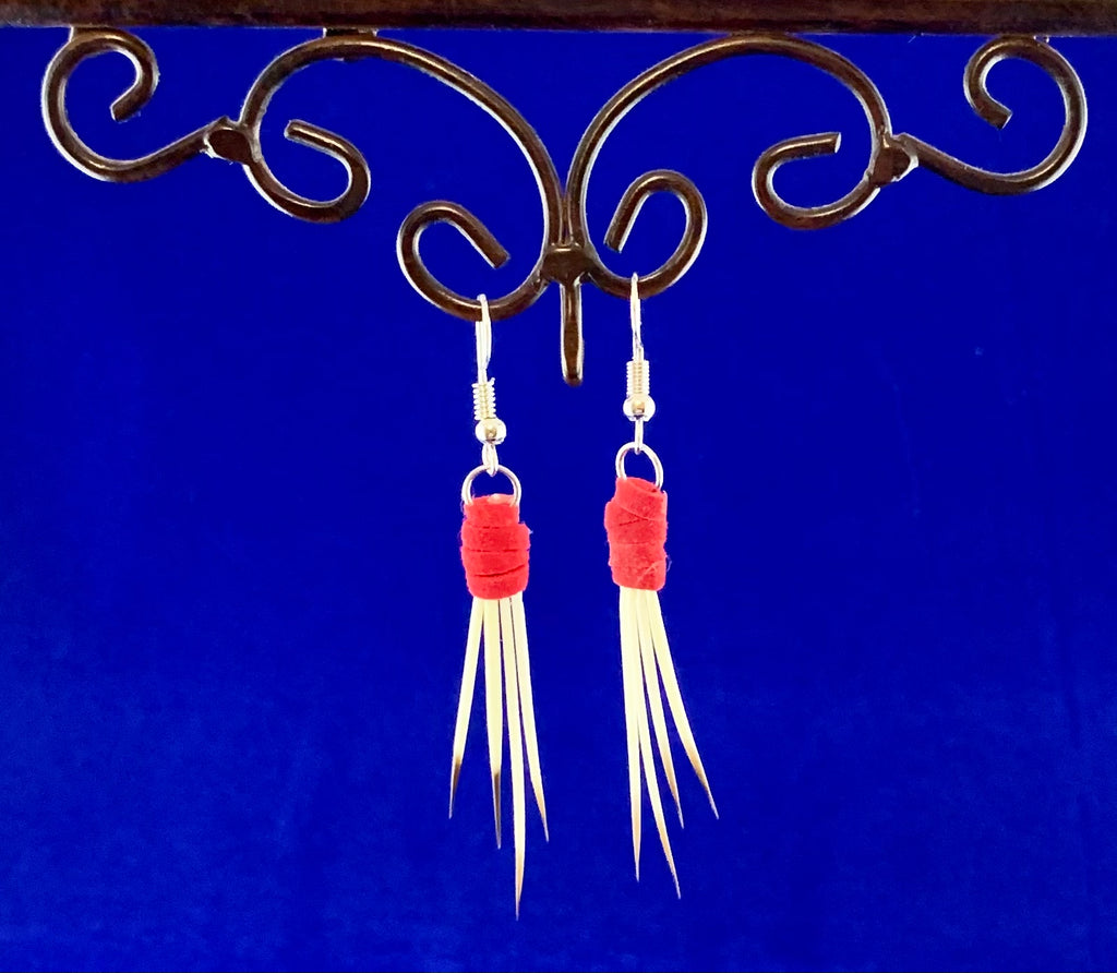 Vegan Red Leather Porcupine Quill Earrings