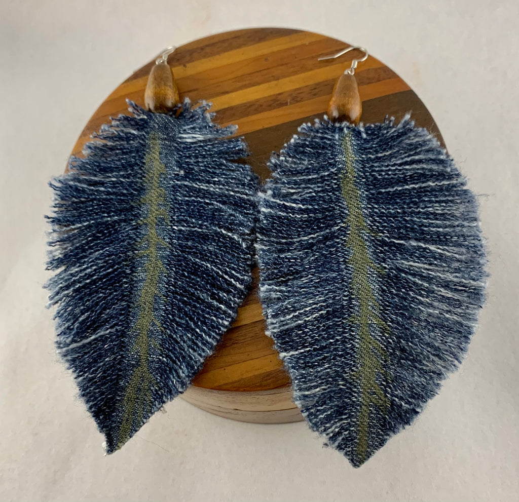 Large Dark Denim and Wood Earrings