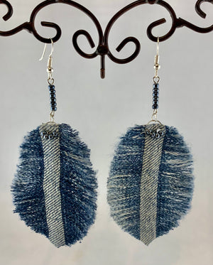 Shiny Black Glass Bead and Denim Earrings