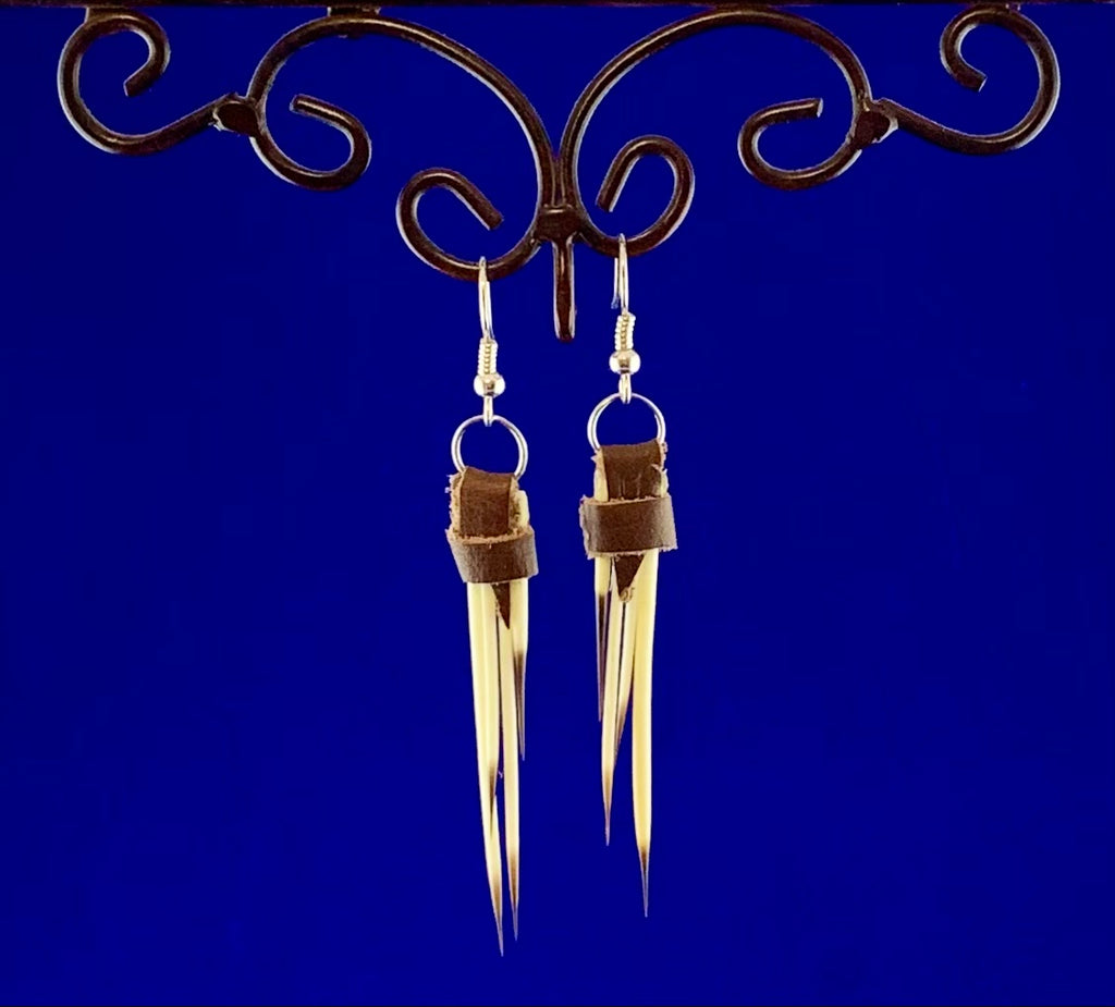 Brown Leather Porcupine Quill Earrings