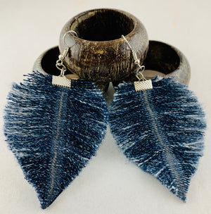 Wide Leaf Silver and Denim Earrings