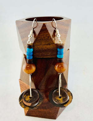 Blue Wood and Silver Earrings