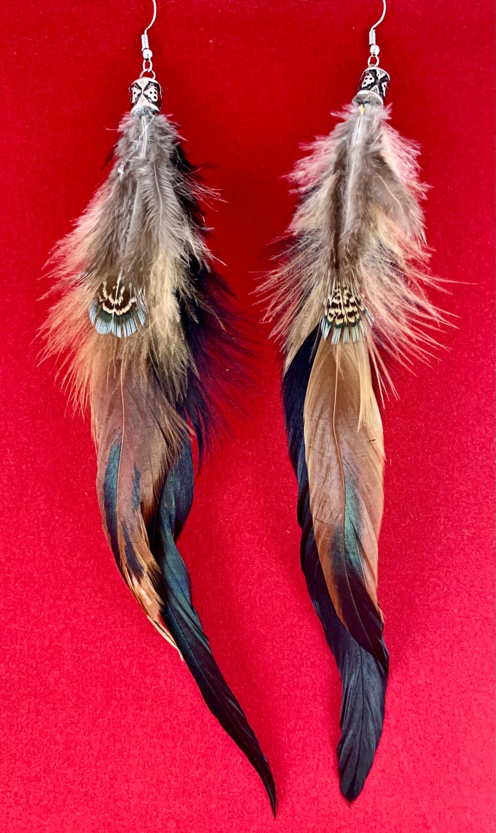 Pheasant Blue Long Flowing Feather Earrings